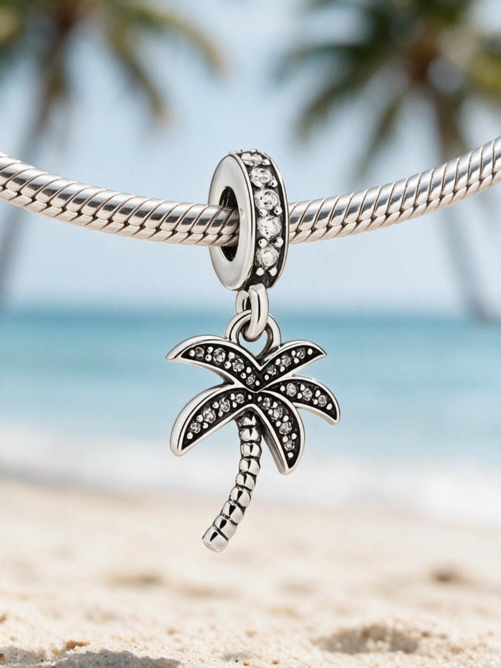 Silver Palm Tree Charm with Clear CZs